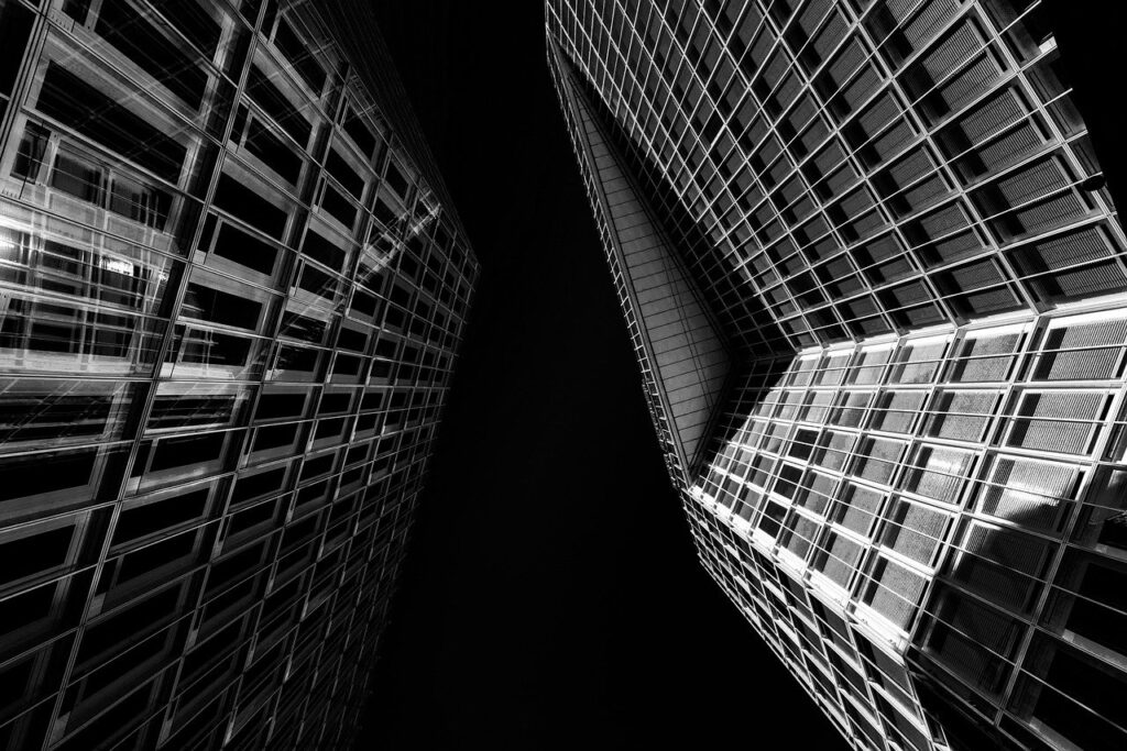 skyscraper, building, facade, window, glass facade, office building, hamburg, architecture, cityscape, modern, glass, perspective, reflection, black-and-white, monochrome, bottom view, building, building, building, building, building, office building, architecture, architecture