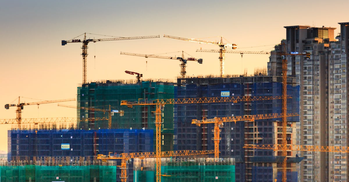 A cityscape featuring high-rise buildings under construction with cranes during sunset.